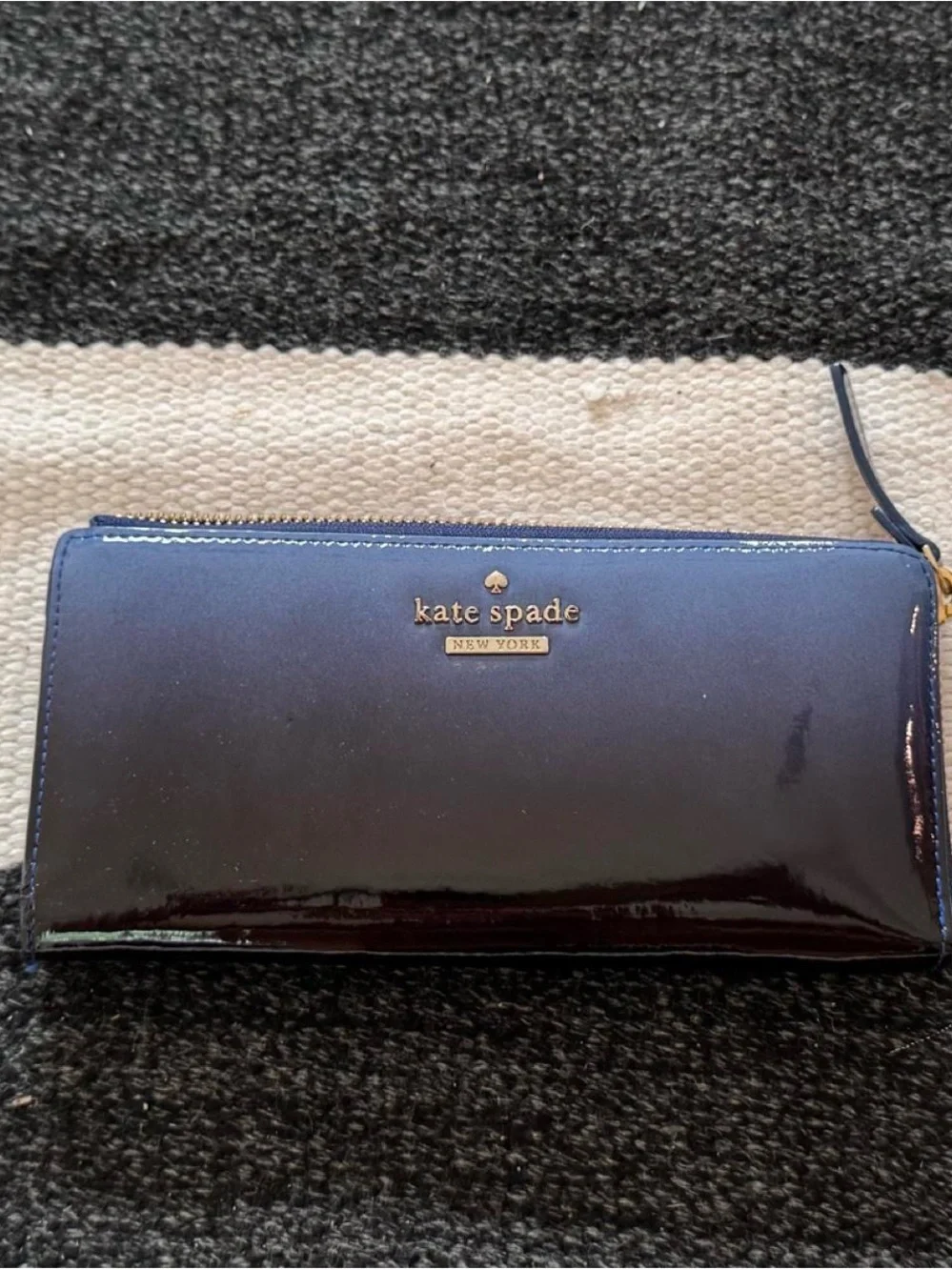kate spade Navy Patent Zip-Around Wallet with Gold Logo